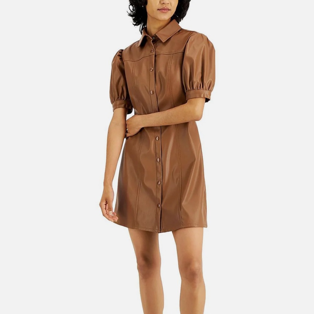 KIT & SKY - Womens Faux Leather Puff Sleeves Shirtdress (S)